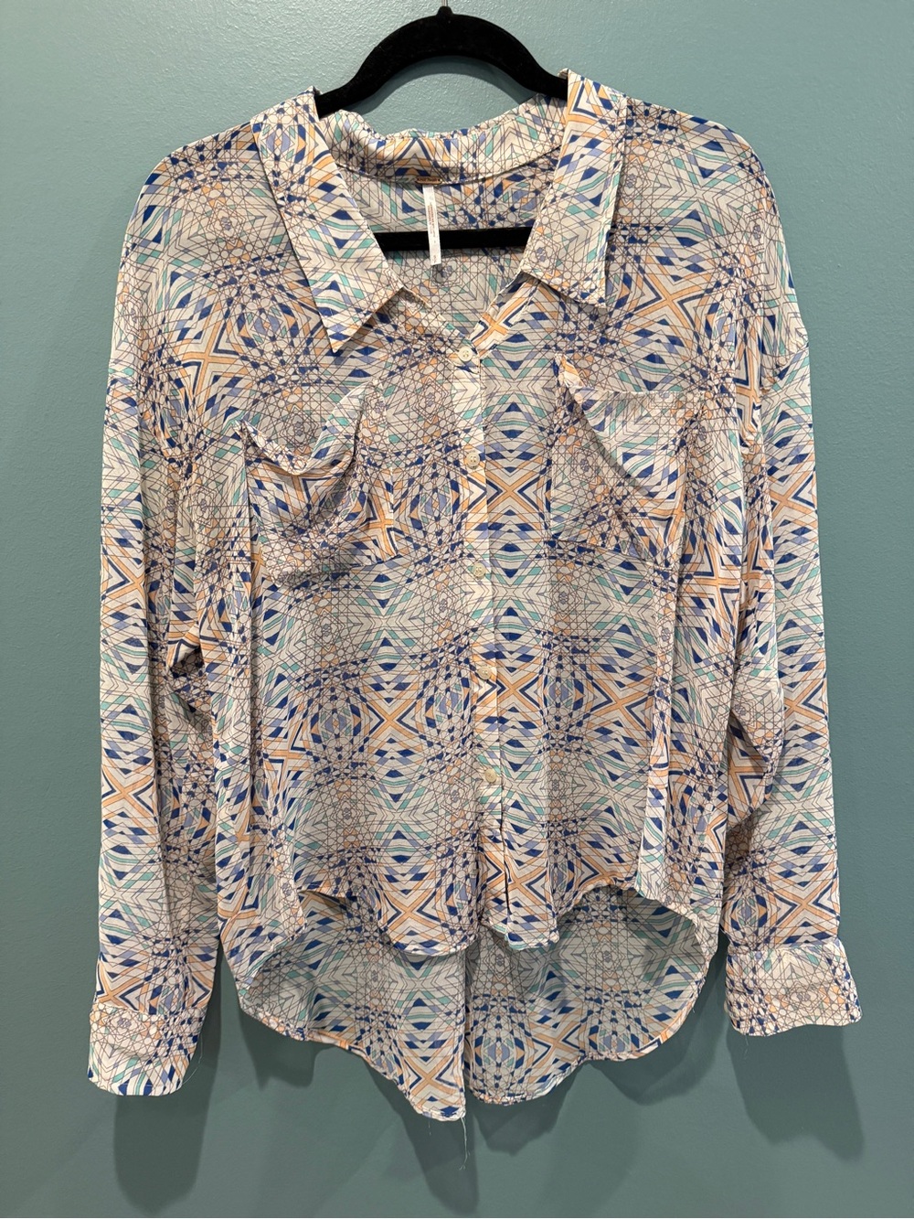 Free People Geometric Print Button-Down in Navy, Teal & Peach